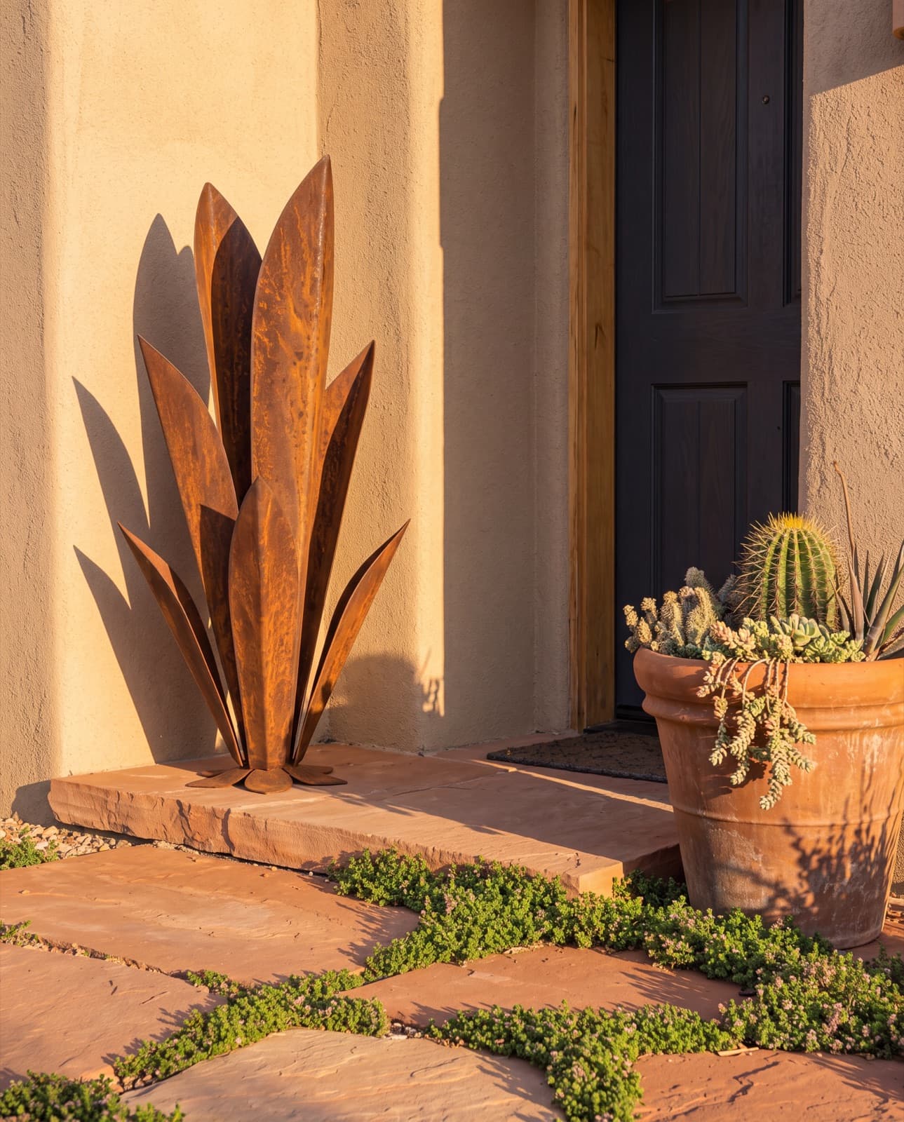 Rustic steel Agave sculpture on a modern patio