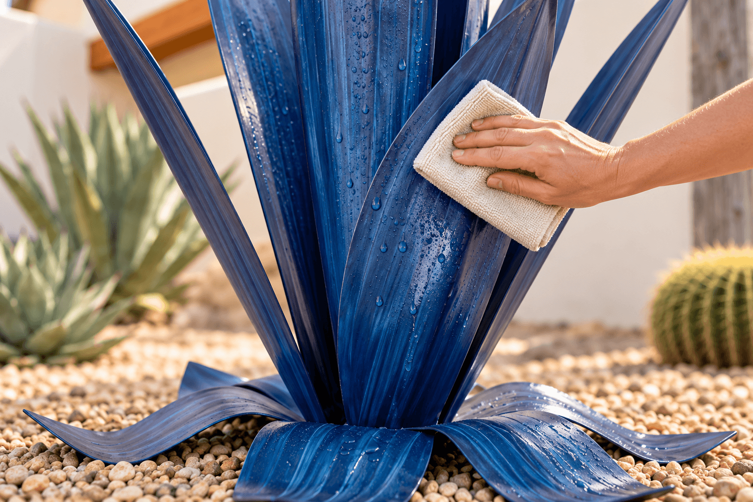 Care illustration of a soft microfiber cloth gently wiping a broad blue steel leaf