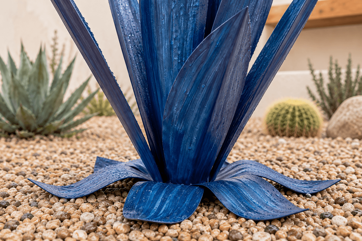Care illustration of raindrops on blue steel and a base kept above gravel