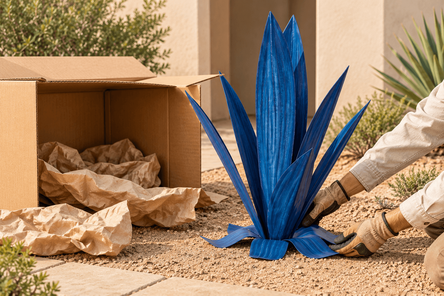 Gloved hands supporting the lower body of a Deep Blue Agave beside opened packaging.