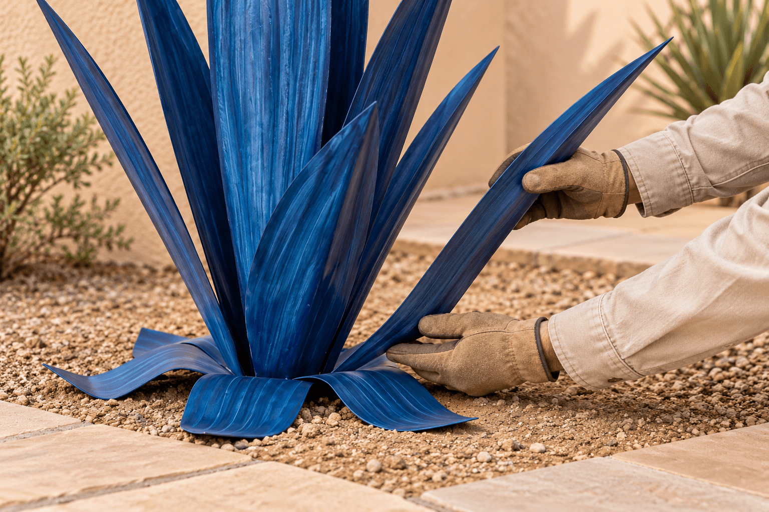 Two gloved hands gently opening an outer steel leaf near its base and middle.