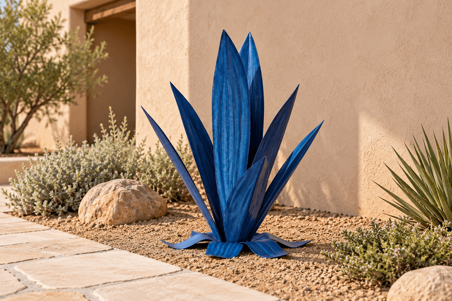 A Deep Blue Agave positioned on stable soil in a garden bed beside a walkway.