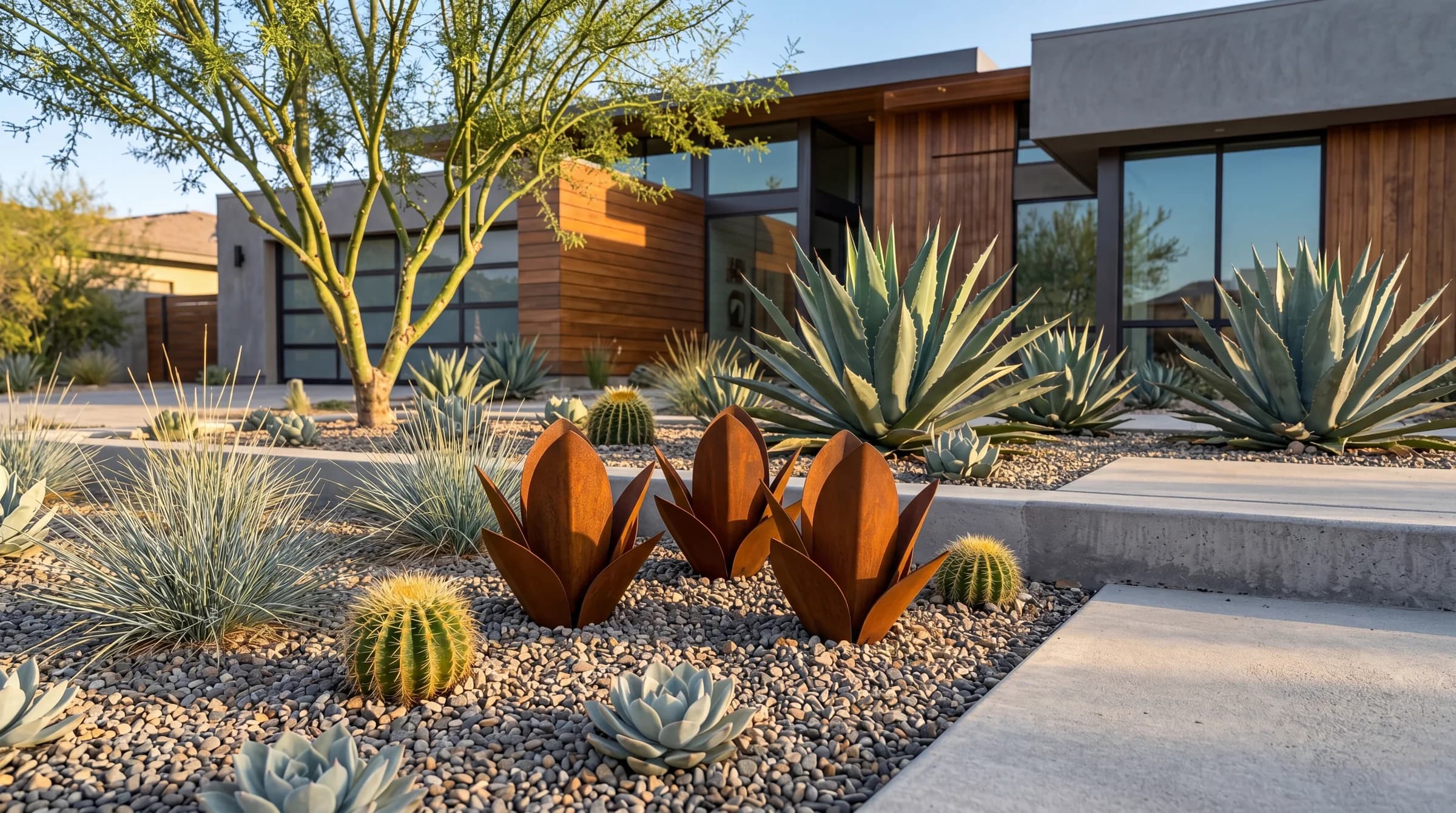 Rust-toned steel sculptures grouped among agaves in a desert garden