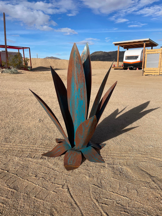 24" Rusty Agave, Blue, Landscape, Metal, Art, decor, sculpture, garden, aesthetic, scenery, desert, structure, Sculpture, Flower, Bud