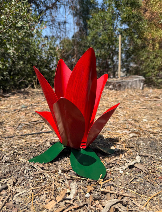 Handcrafted Metal Lotus Garden Sculpture: Crimson Red Patina, Desert Art