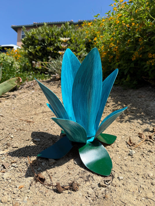Handcrafted Metal Lotus Flower Sculpture: Turquoise Lagoon Blue Garden Art