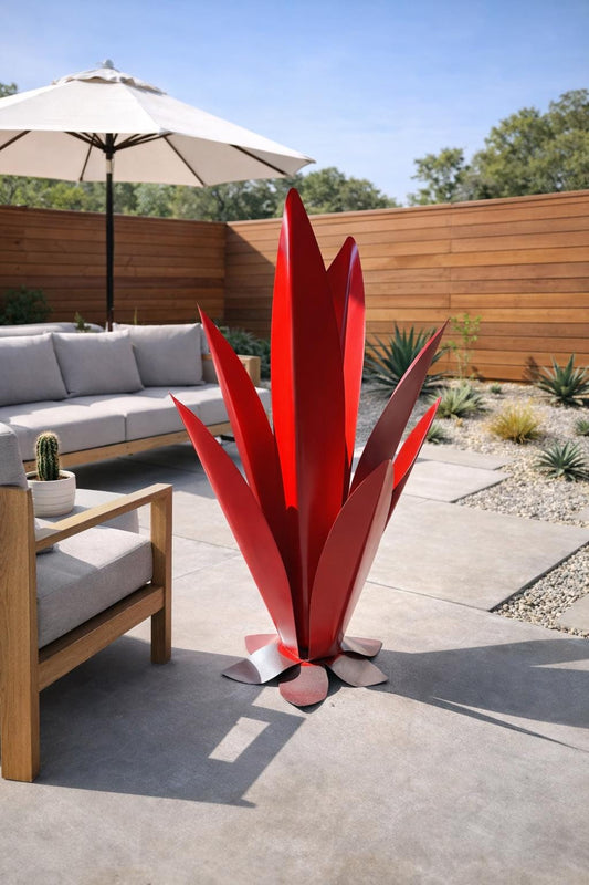 36" Red Metal Agave Sculpture, Handcrafted Steel Garden Art, Outdoor Desert Decor