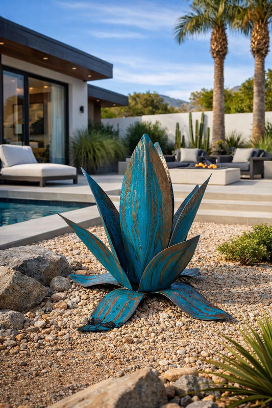 12" Blue, Rustic, Lotus, Flower, Agave, Yard, Landscape, Sculpture, Desert, Rust, Steel, Authentic, Handmade, Decor, Outside, Unique, Cool
