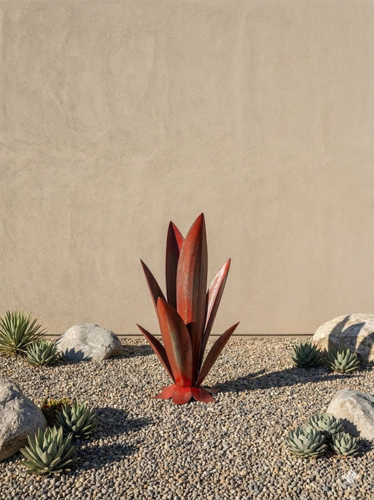 36" Red Steel Agave Sculpture, Modern Desert Landscape Art, Outdoor Patio Decor