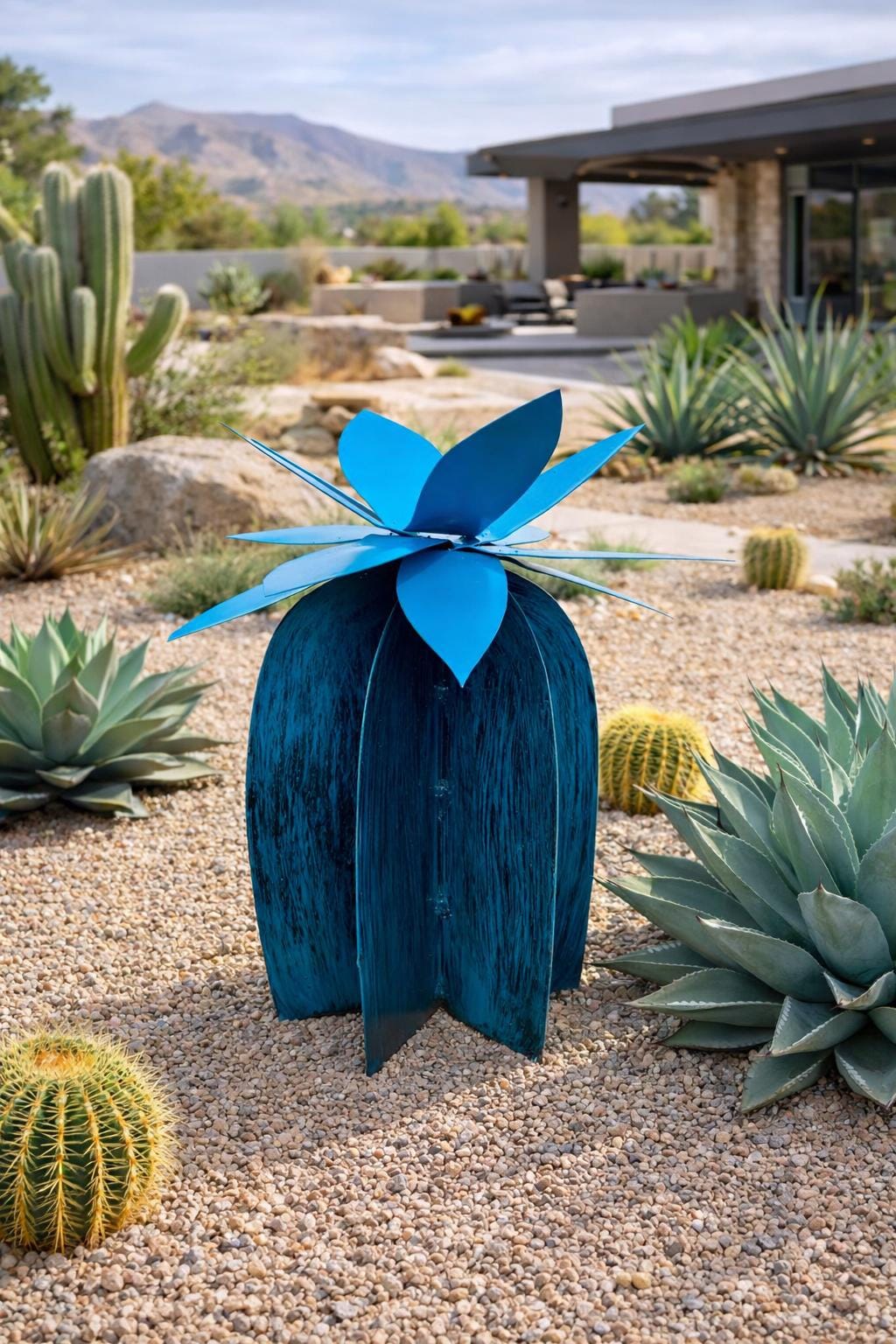 Axel Lily handcrafted steel sculpture — lagoon blue flower on brushed black steel stem, 18 inch