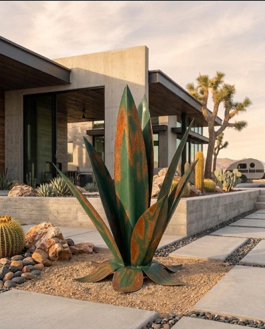24” Hunter Green Rusted Agave Sculpture, Handmade Steel Garden Art, Southwest Desert Outdoor Decor