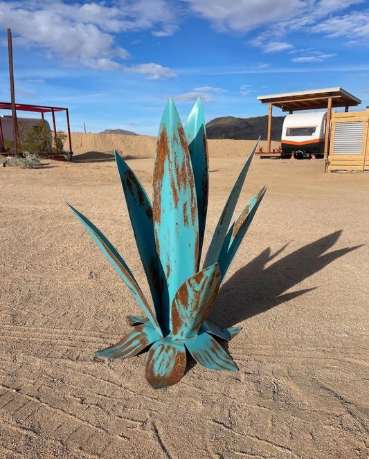 24” Turquoise Rusted Agave Sculpture, Handmade Steel Garden Art, Southwest Desert Outdoor Decor