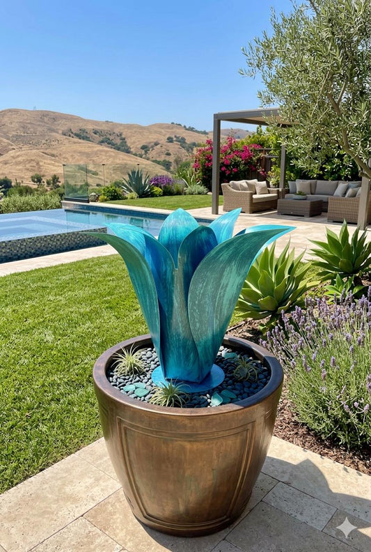 Blossom, Turquoise, Blue, Landscape, Metal, Art, decor, sculpture, garden, aesthetic, scenery, desert, structure, Steel Sculpture, Flower