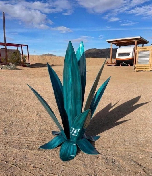 24” Turquoise Agave Sculpture, Handmade Steel Garden Art, Southwest Desert Outdoor Decor