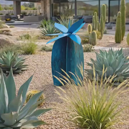 Mini Steel Lily Sculpture, Blue Metal Flower Garden Art, Modern Patio Decor (18" tall)