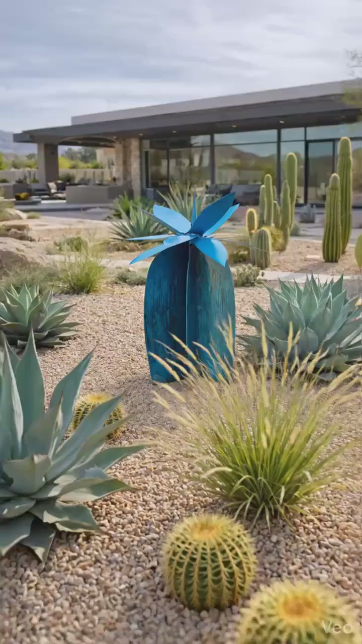 Mini Steel Lily Sculpture, Blue Metal Flower Garden Art, Modern Patio Decor (18" tall)